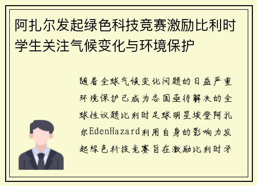阿扎尔发起绿色科技竞赛激励比利时学生关注气候变化与环境保护