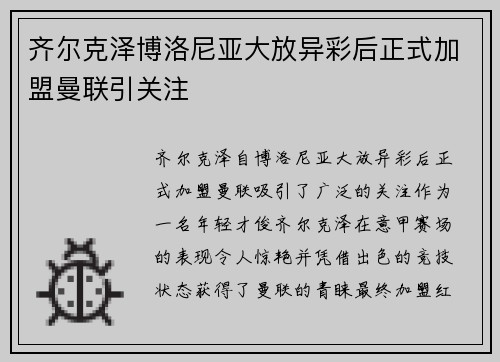 齐尔克泽博洛尼亚大放异彩后正式加盟曼联引关注 齐尔克泽博洛尼亚大放异彩后正式加盟曼联引关注